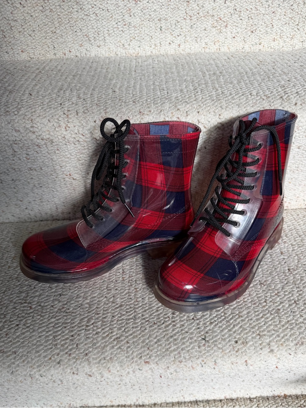 Red & Blue plaid rain boots- size 7